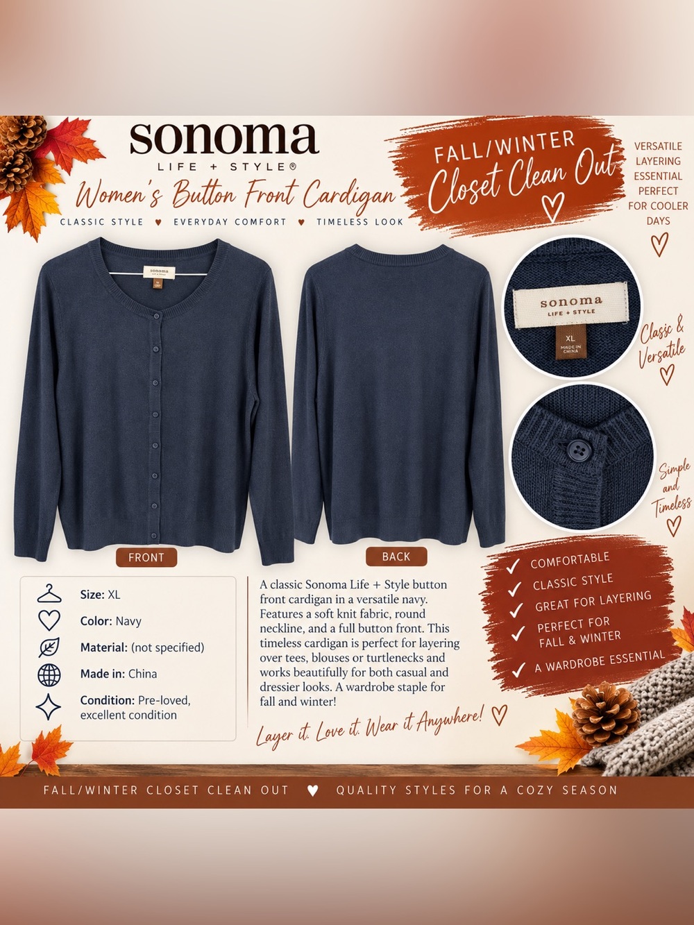 Sonoma Navy Button-Front Cardigan